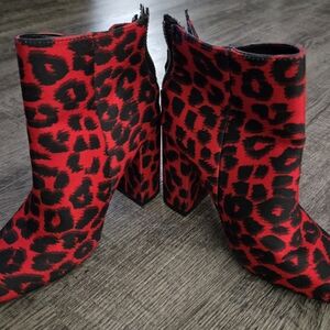 JustFab Red and Black Ankle Booties with Leopard Print